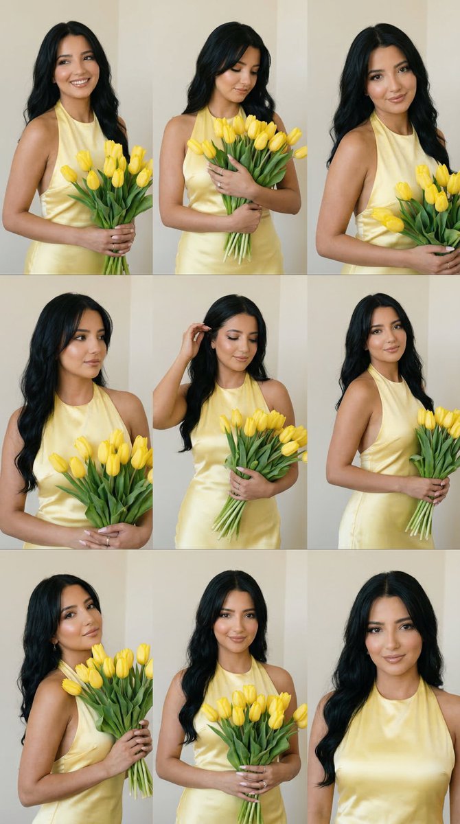 9-Panel Editorial Grid Prompt for Yellow Satin Halter Dress