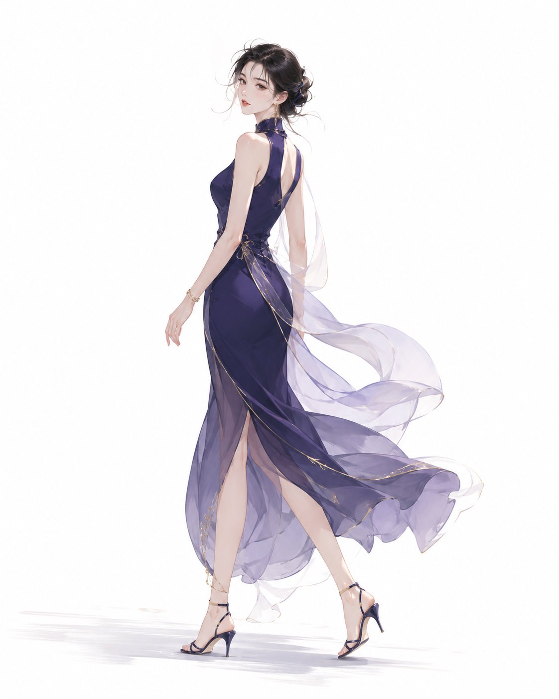 东方优雅女性极简行走插画