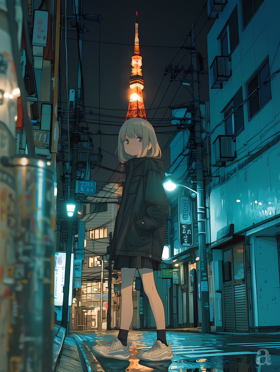 少女动漫插画雨街头忧郁