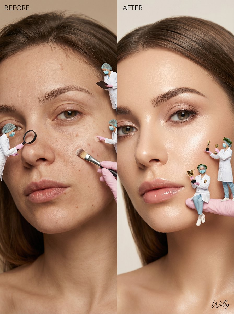 Surreal Skincare Before/After Editorial with Miniature Figures