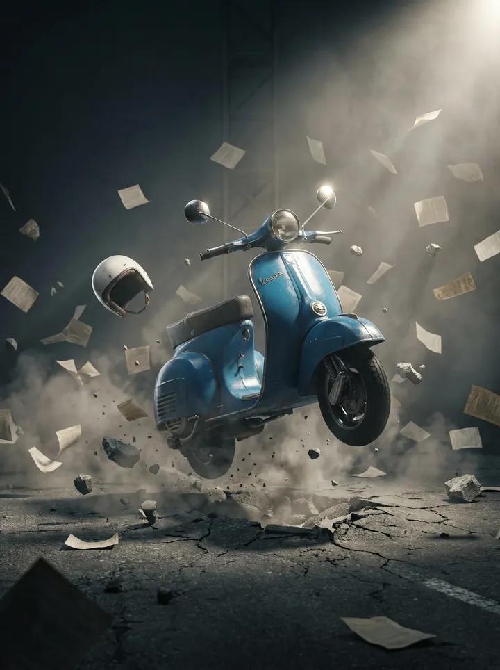Suspended Vespa Explosion Scene Prompt