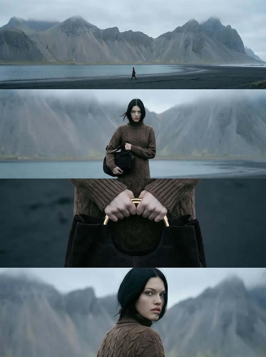 A vertical cinematic editorial image composed of four horizontal film