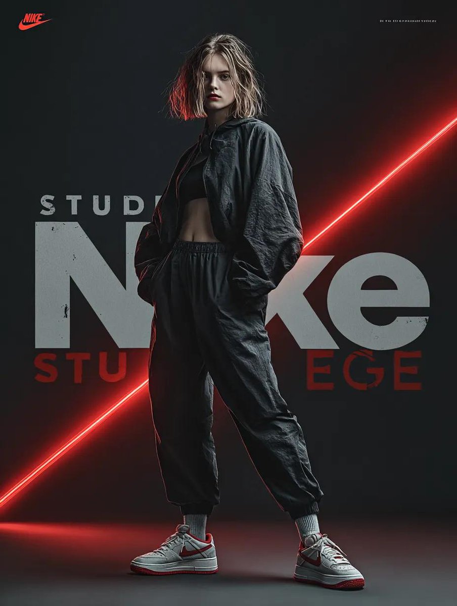 A dynamic fashion advertisement for Nike showing a hyper-realistic