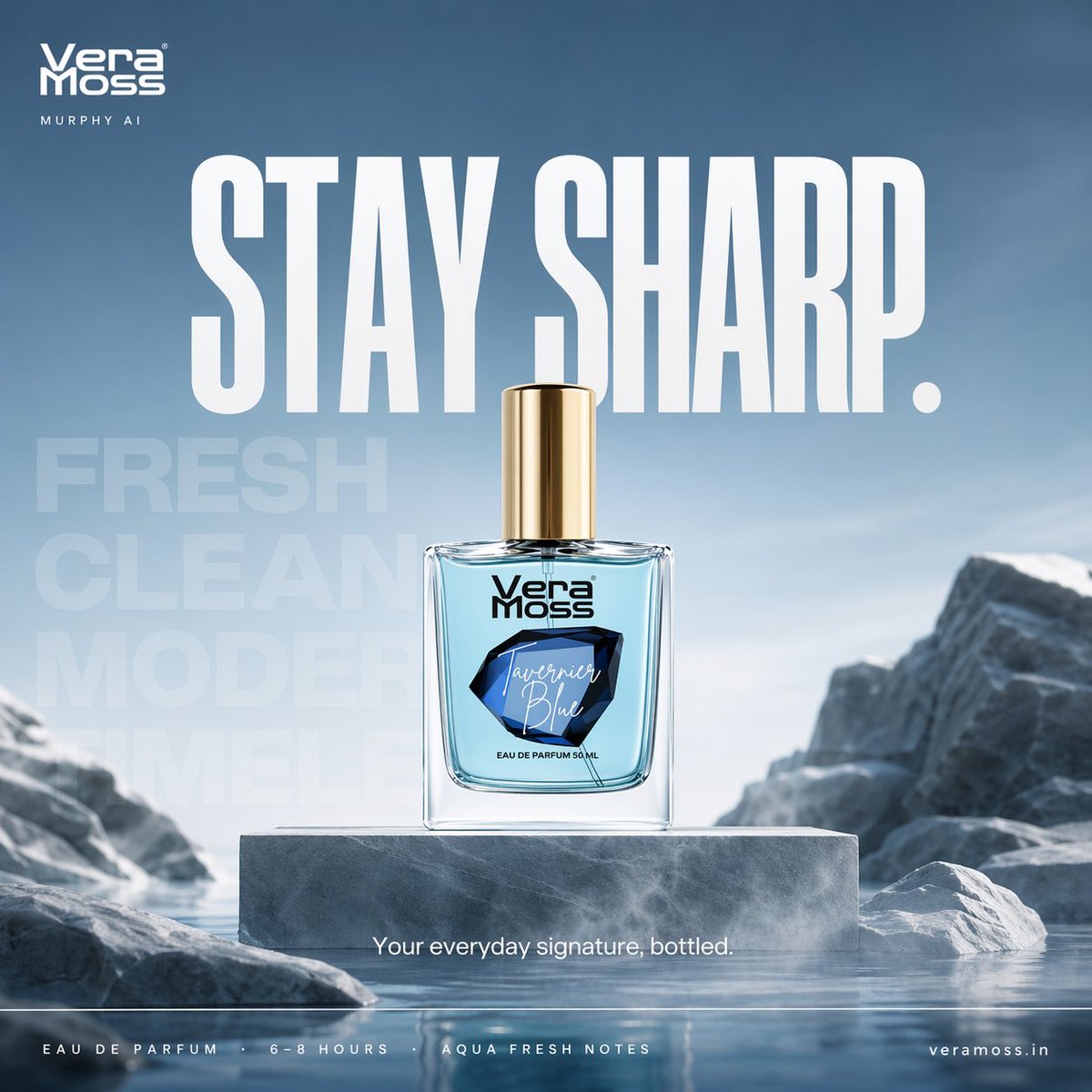 Hyper-realistic cinematic perfume billboard poster for Vera Moss