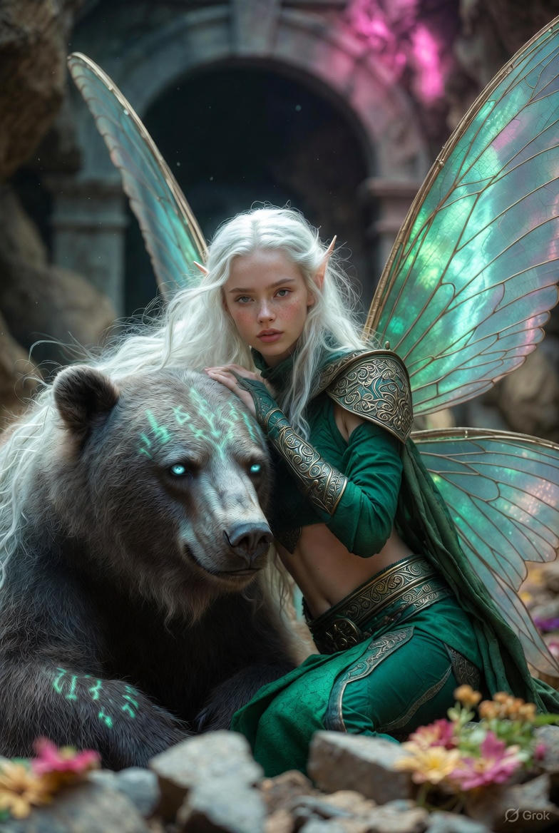 Photorealistic Fantasy Scene: Fairy and Muscular Bear in Cavern