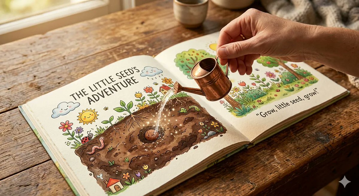 Children’s picture book open on wooden table