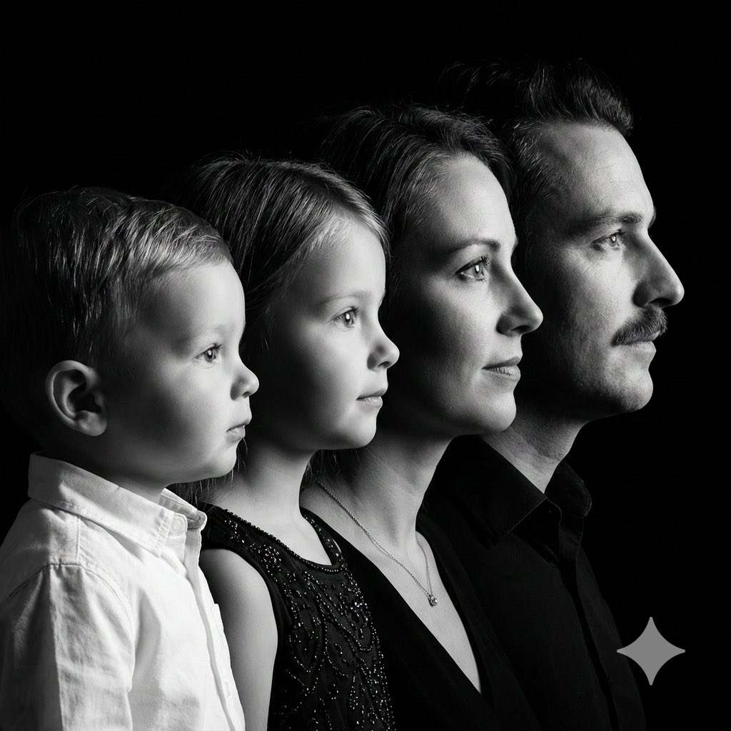 High-Contrast Black and White Family Studio Portrait