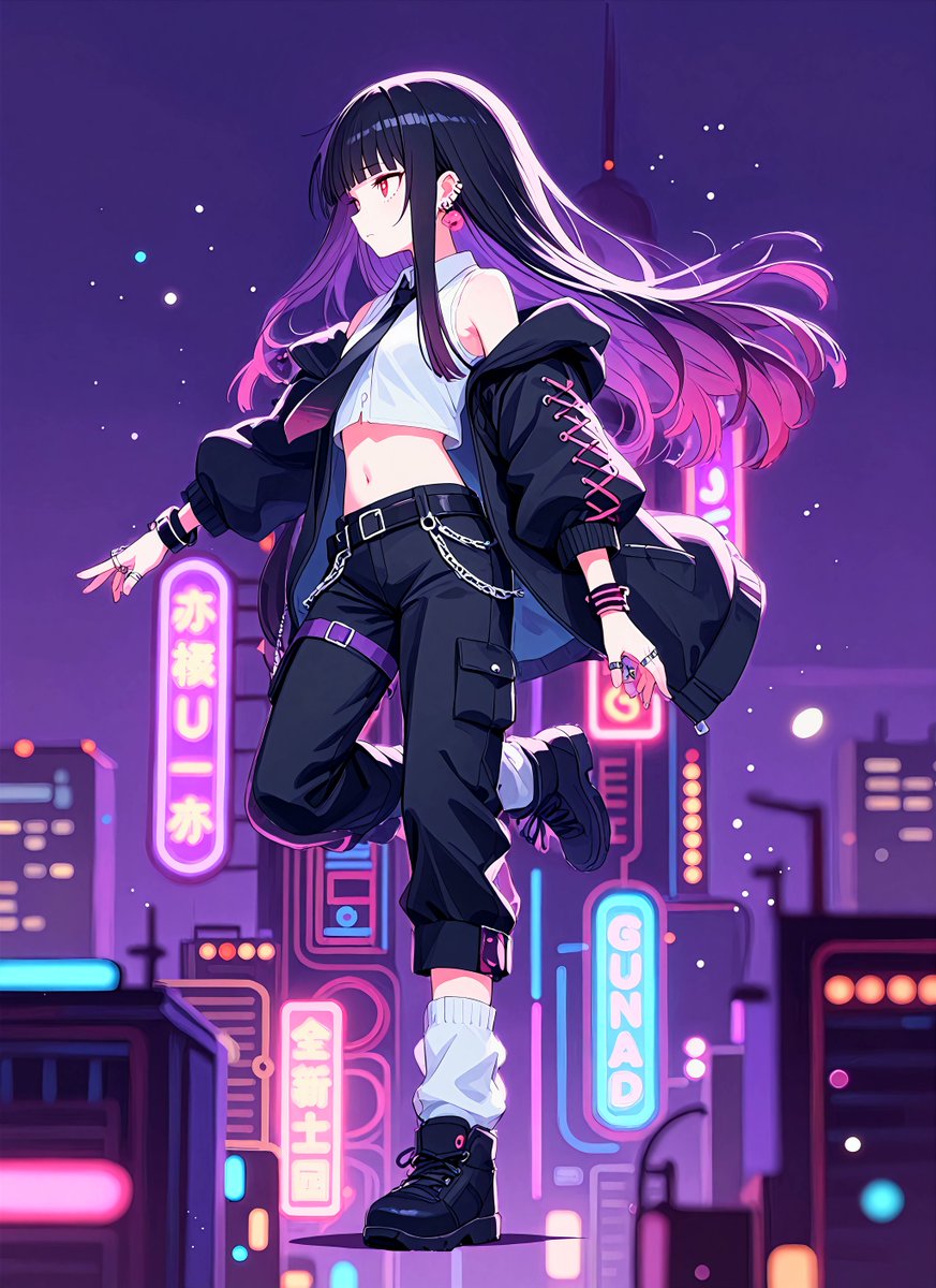少女动漫插画霓虹城市