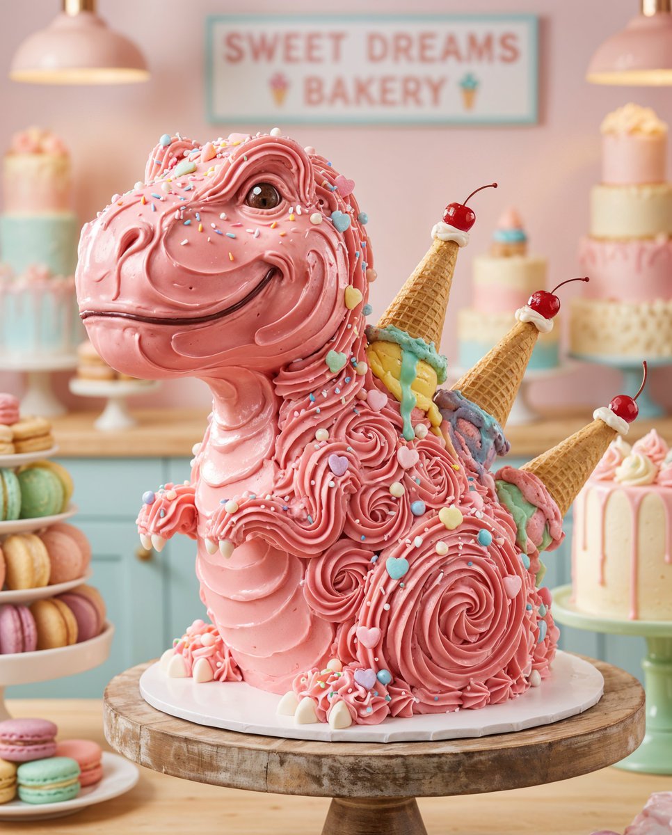 Whimsical T-Rex Made of Pink Frosting