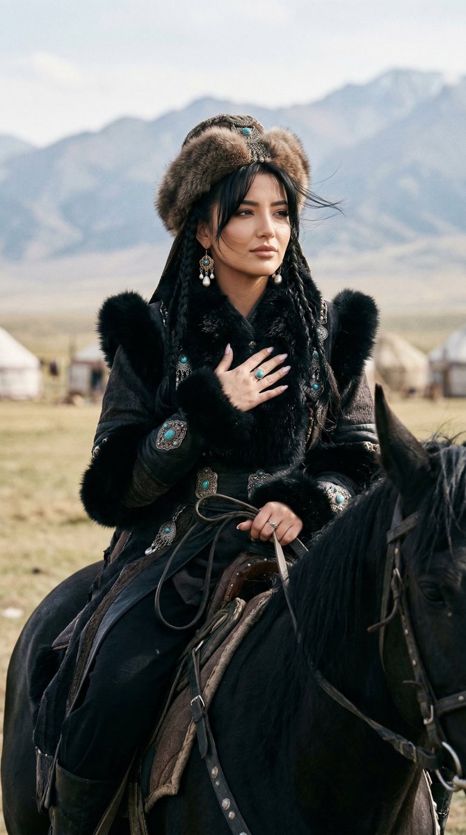 Cinematic Portrait of Old Turkic Noblewoman on Black Horse (Image-to-Image)