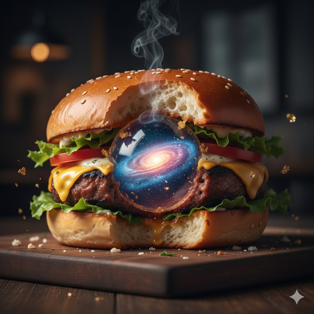 Hyper-Realistic Cinematic Food Action Shot of a Gourmet Burger Mid-Bite