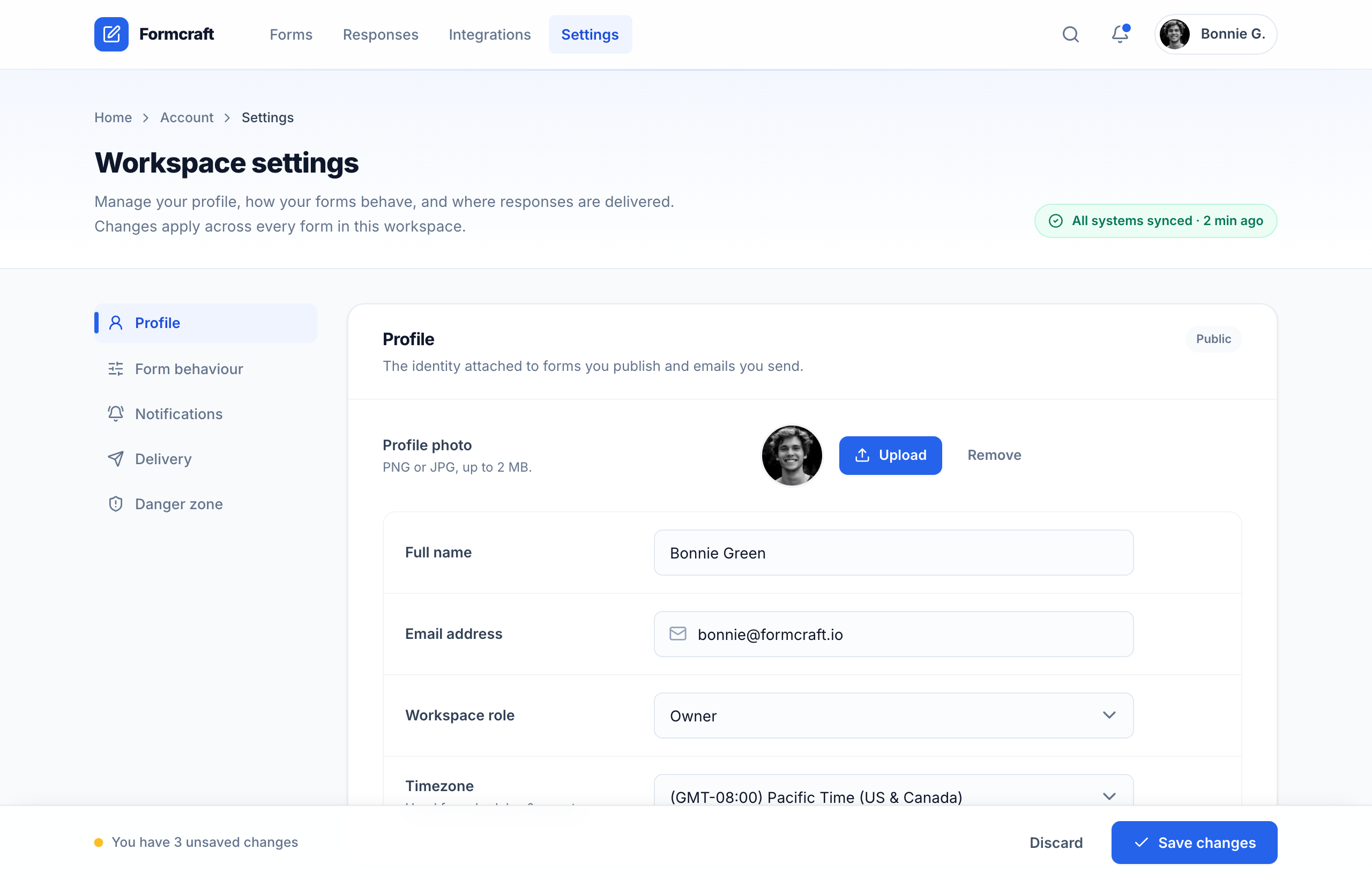 Workspace Settings · Formcraft (two-column, cobalt)