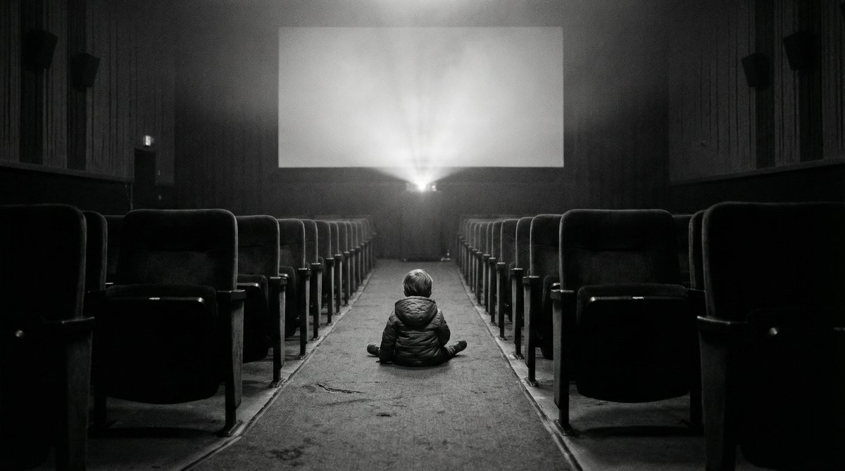 Black and White Documentary Photo of Child in Cinema