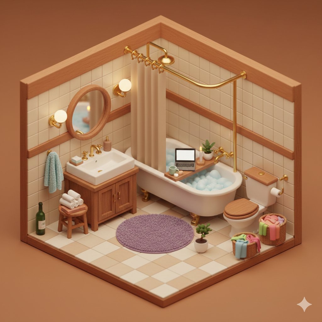 Isometric Cozy Bathroom Diorama Prompt