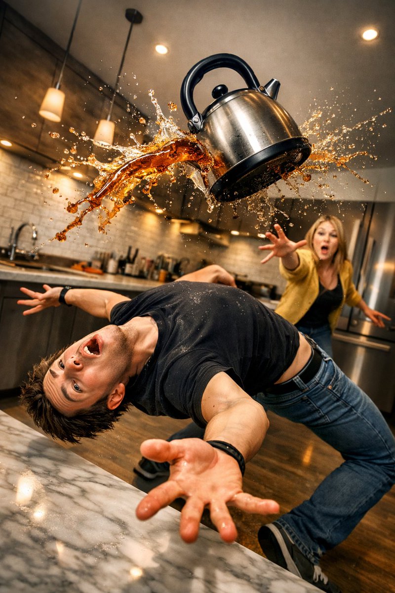 Surreal comedic scene inside a modern kitchen: a young man bends