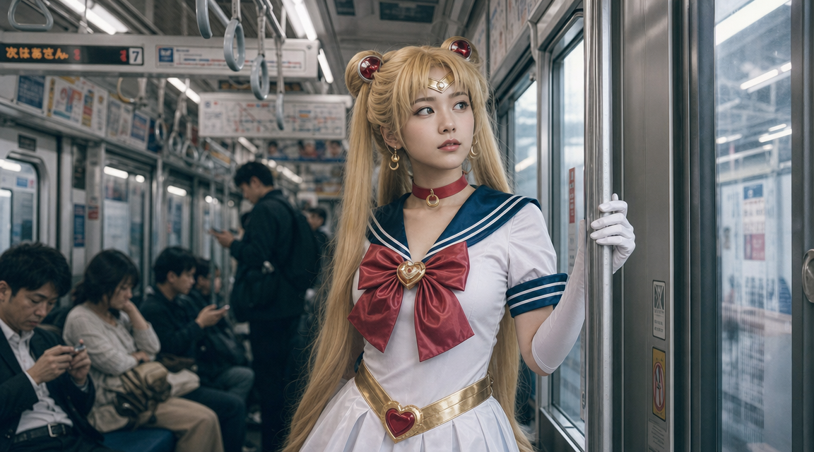 主体内容:一位年轻女性,身着经典水手服风格的动漫角色服装,整…