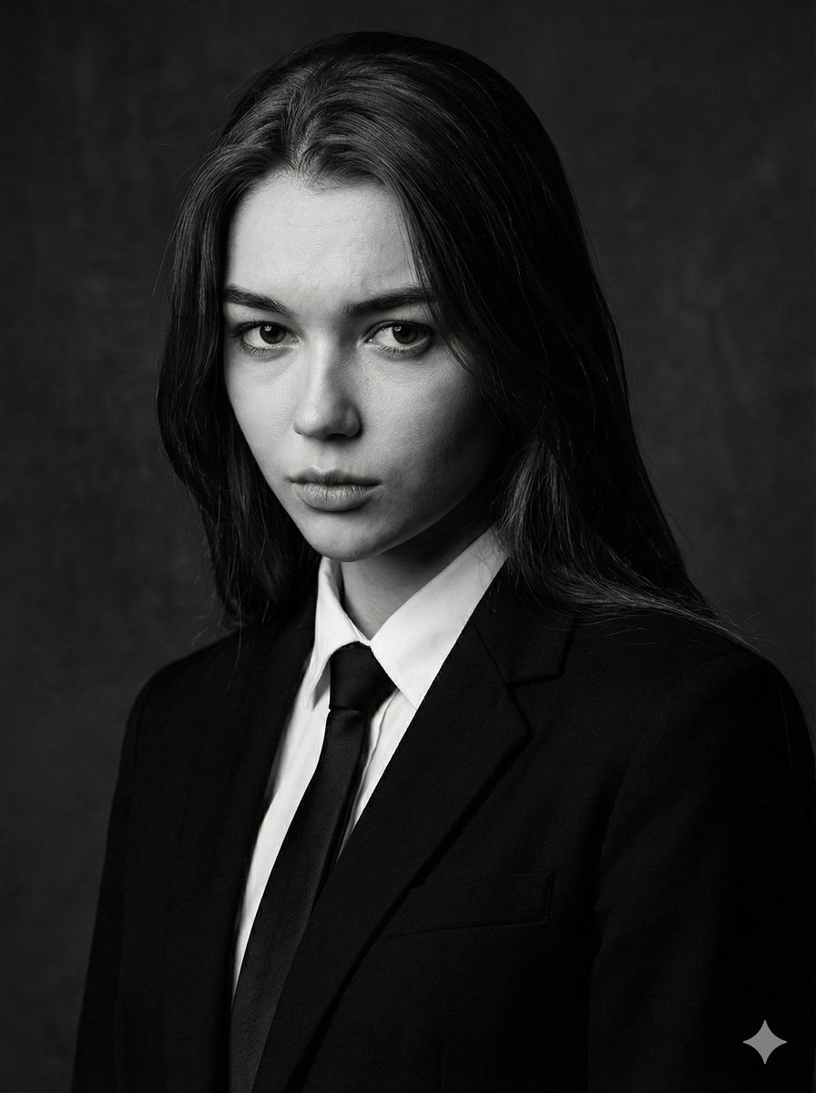 Cinematic black-and-white portrait of a woman