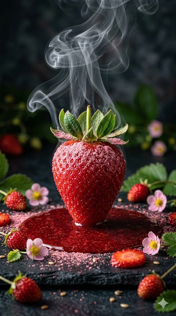 Cinematic Macro Photograph of a Strawberry in Syrup
