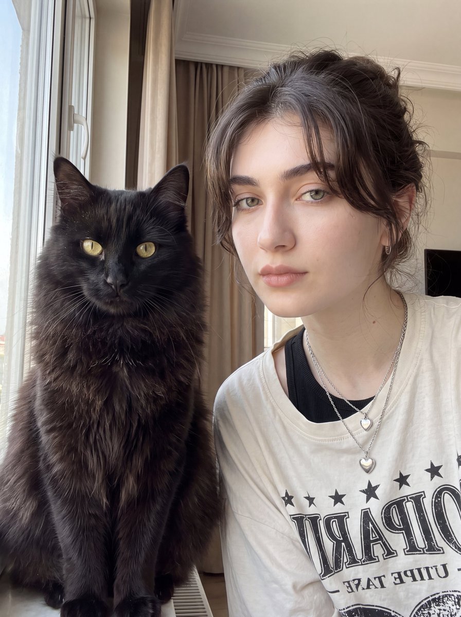 Woman with Fluffy Black Cat Portrait