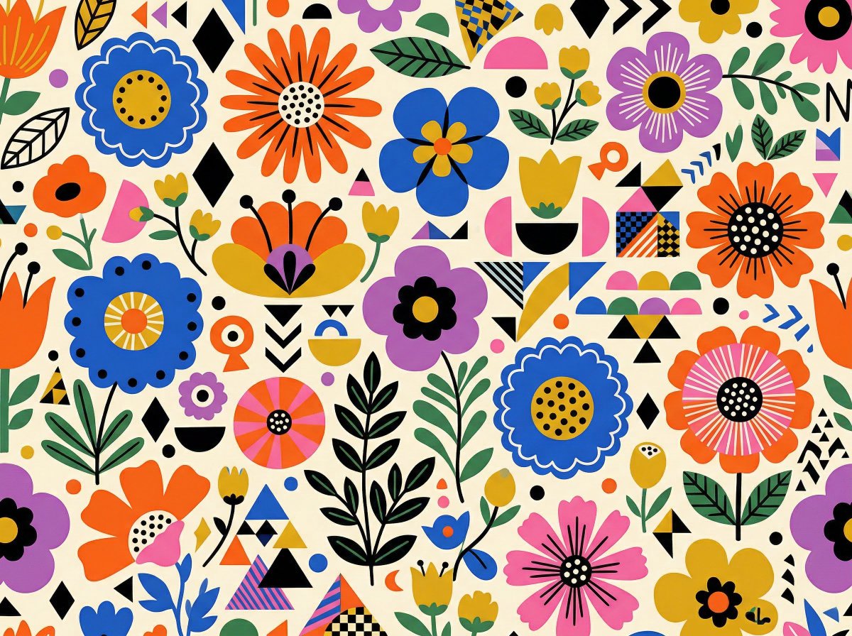 Vibrant Flat Illustration Pattern of Flowers and Shapes