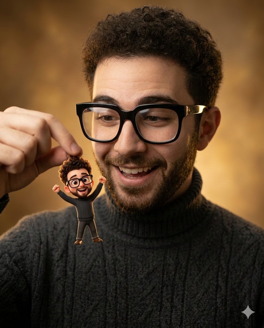 Photorealistic Subject Holding Miniature Cartoon Self