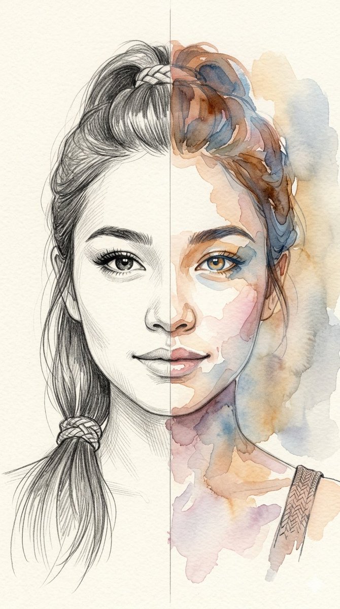 Split-Medium Sketch and Watercolor Portrait