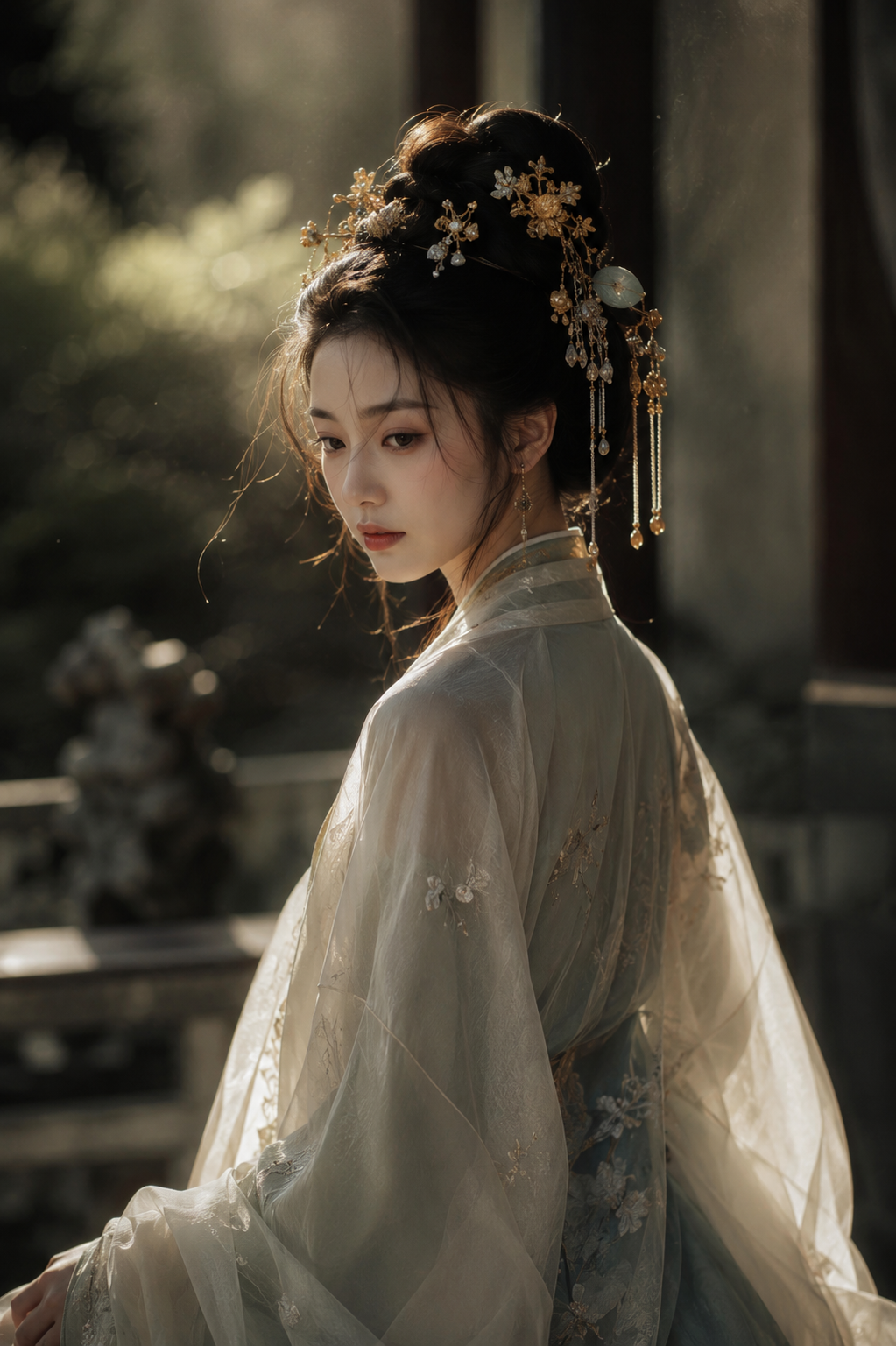 一位身着精致汉服的中国古典美女,面容清雅脱俗,肤如凝脂,眼神…