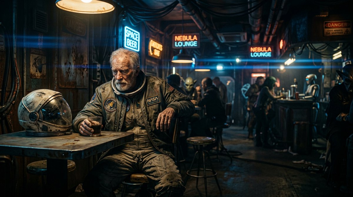 Old Astronaut in Futuristic Bar