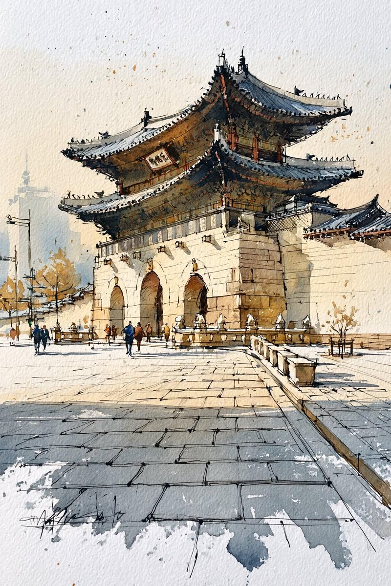 建筑水彩手绘城市街头优雅