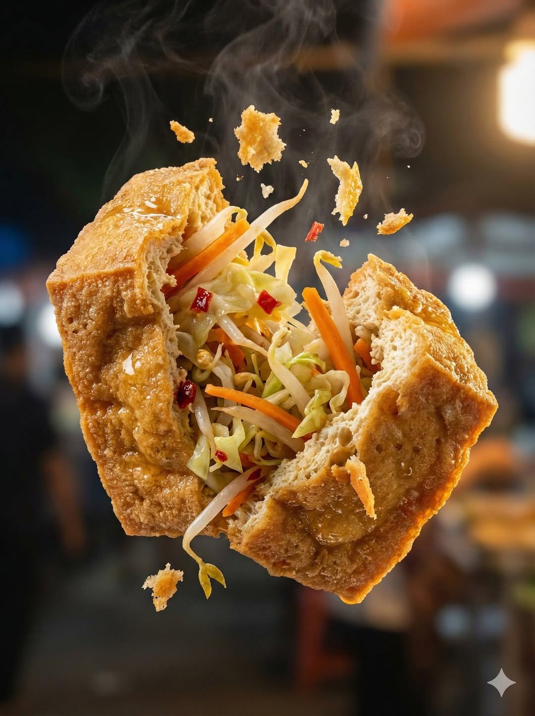 Macro food photography of a crispy martabak telur tearing open