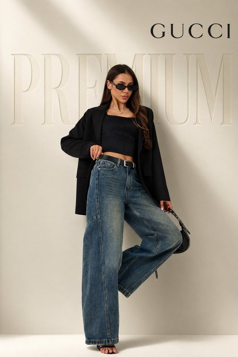 Full body female model in confident fashion pose (one leg slightly