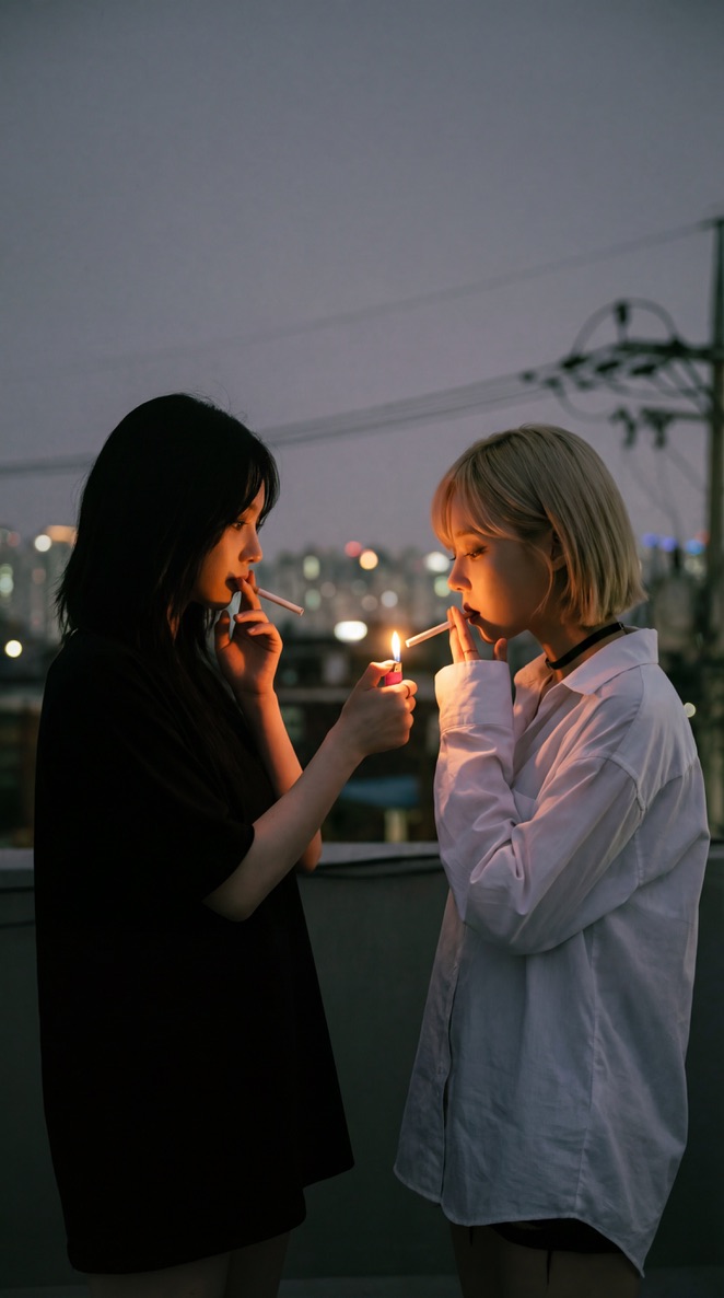 aespa Karina and Winter Cigarette Lighting Prompt for Nano Banana Pro