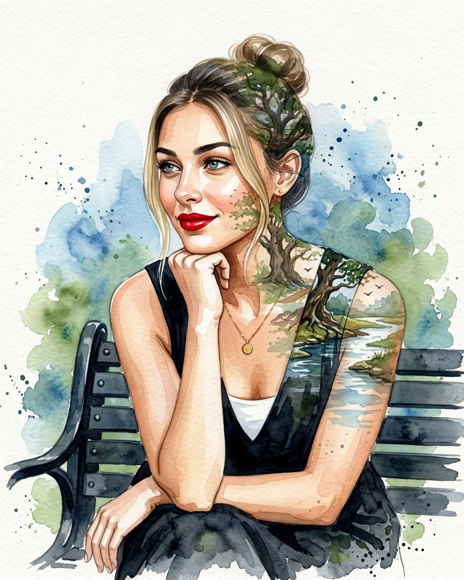 Double Exposure Watercolor Portrait