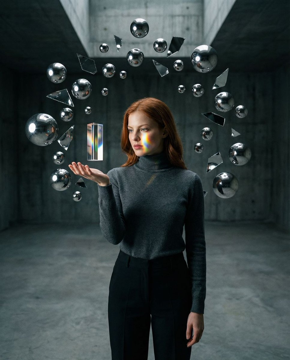 Surreal Brutalist Portrait with Kinetic Chrome Orbits Prompt in JSON
