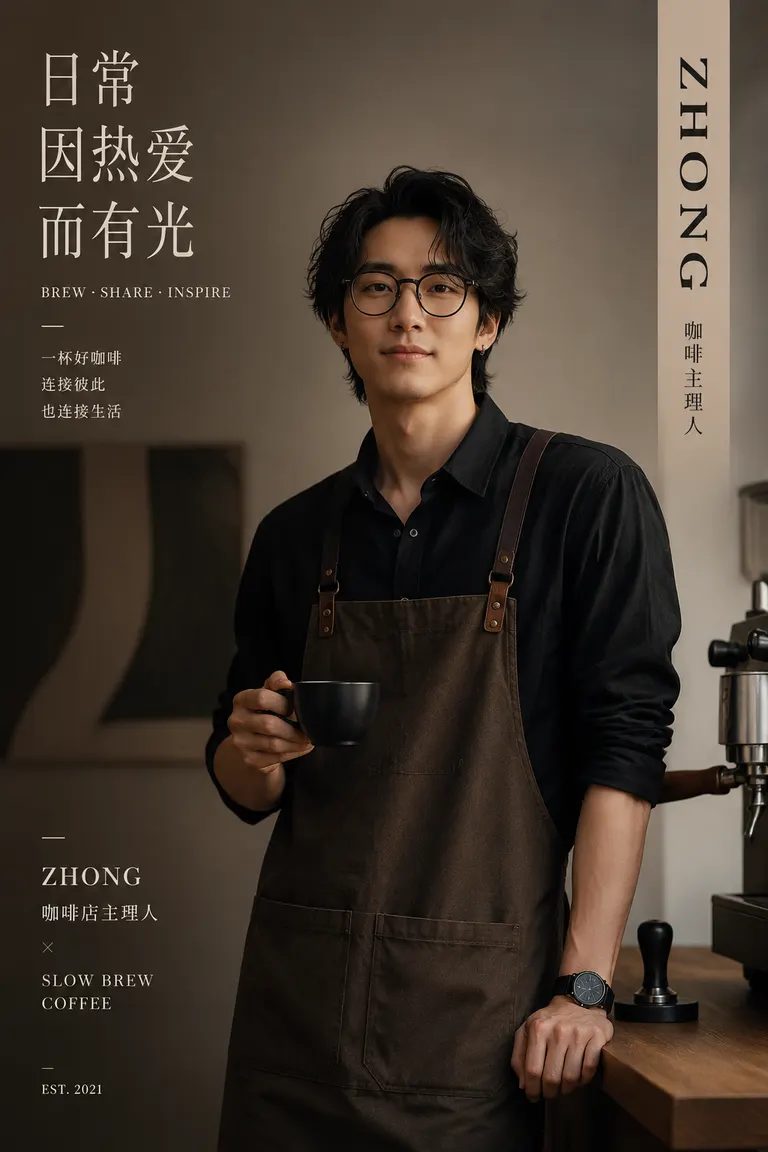 人像写真与角色一致性视觉导演 · 角色海报 咖啡店主理人写真