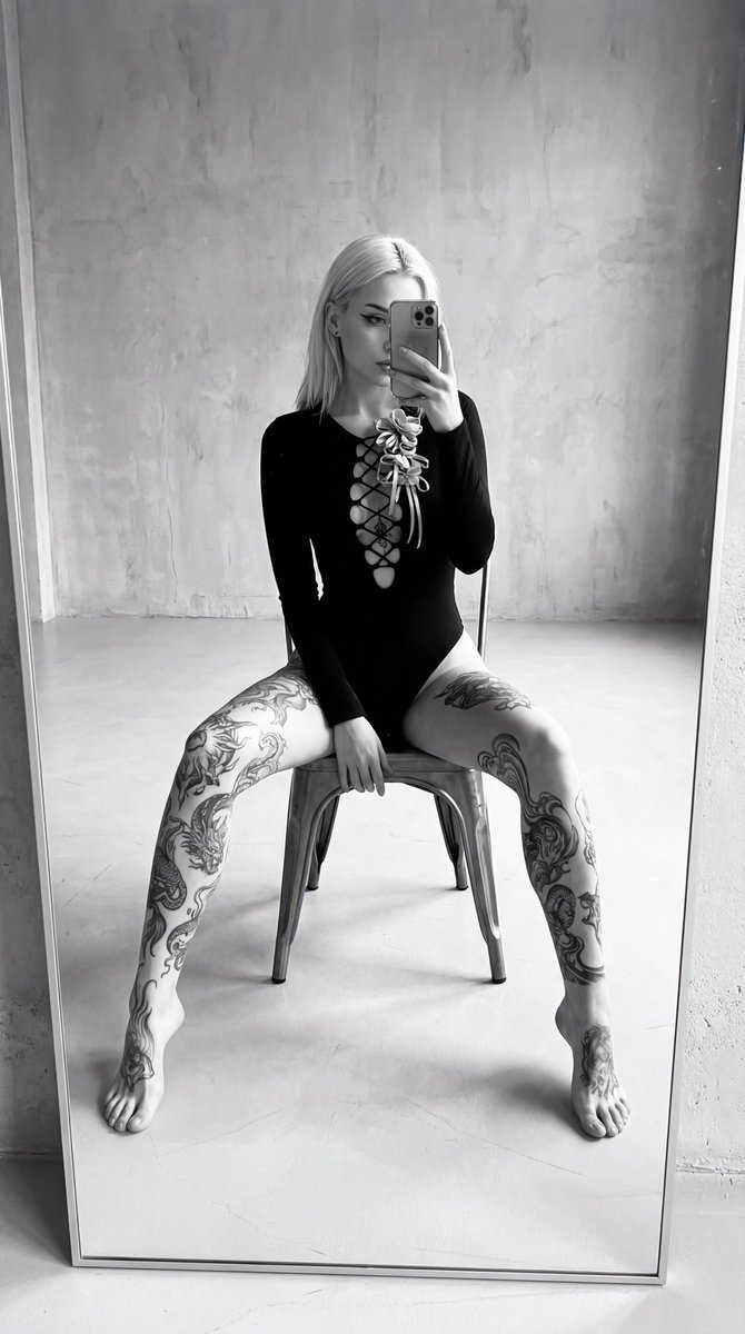 High-Contrast Black and White Tattooed Mirror Selfie