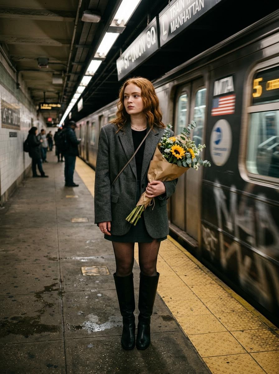 Cinematic photo of a woman on a subway platform with motion blur