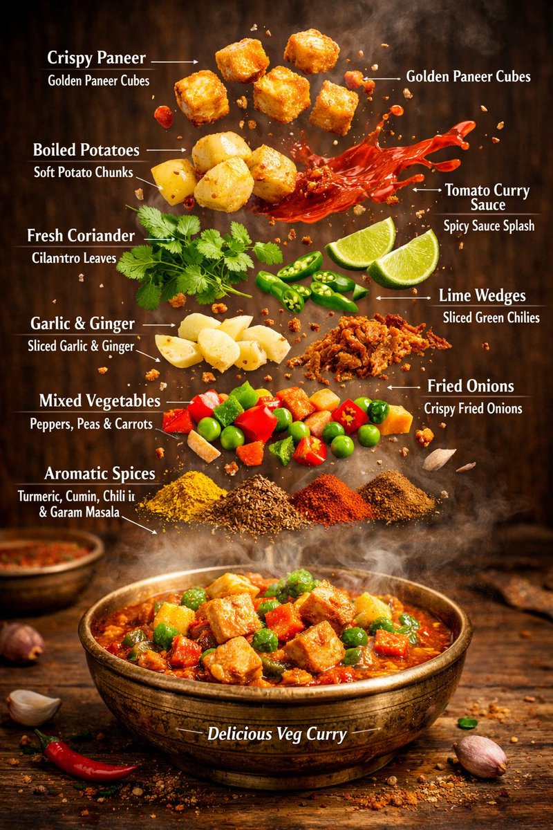 Hyper-realistic editorial food infographic of Indian Veg Curry