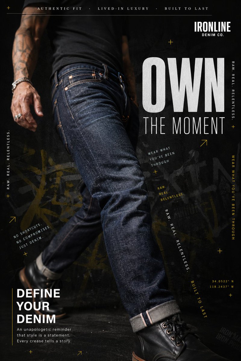 A hyperrealistic premium denim advertisement shot in a dark, moody