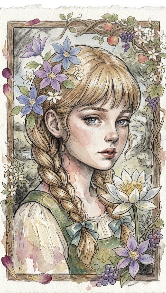 Watercolor Floral Portrait of a Girl