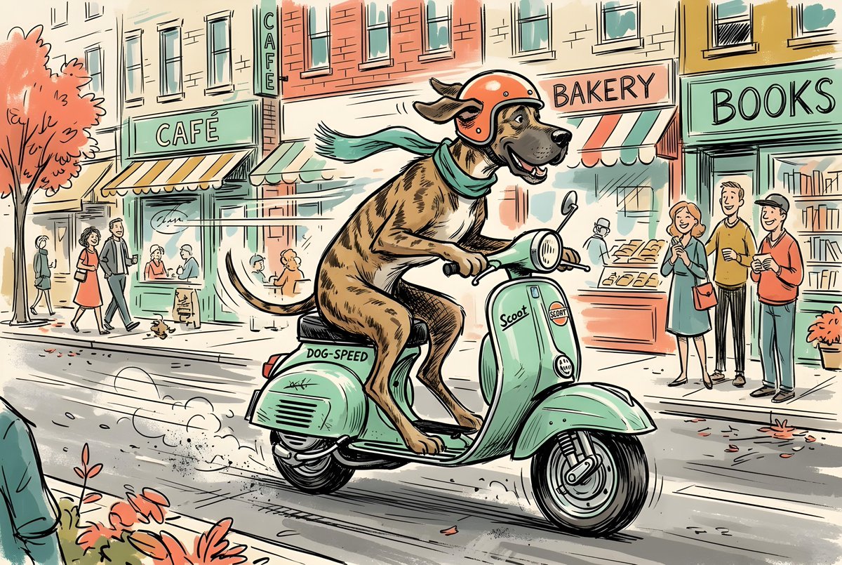 Sketchy Illustration of Dog on Scooter