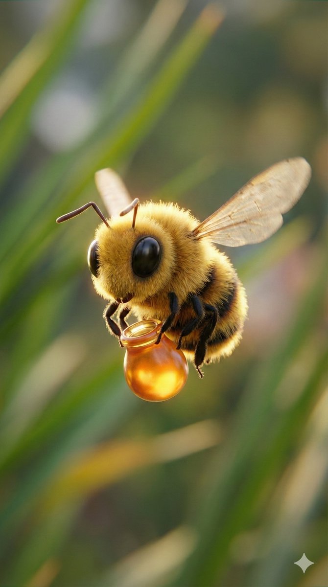 Macro Render of Fuzzy Bee Character with Honey Droplet