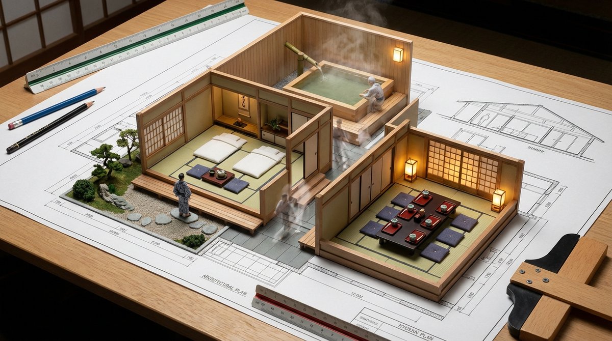 Architectural Blueprint to Miniature Japanese Inn Scene