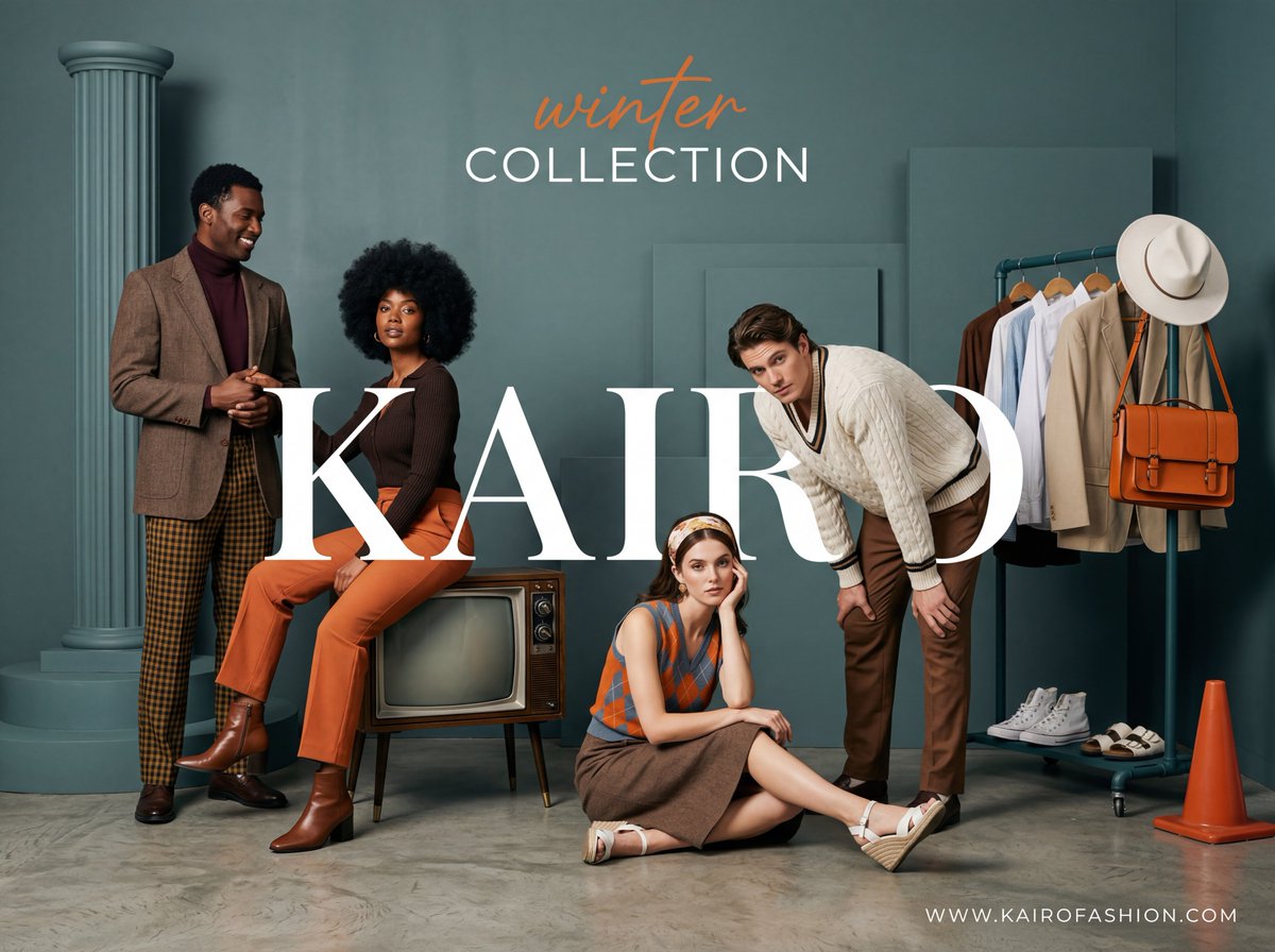 A wide-angle, studio fashion advertisement with a sophisticated