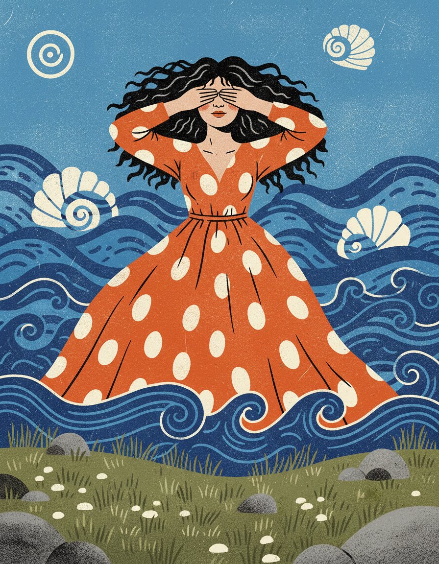 Stylized Screen Print Illustration of Woman in Sea