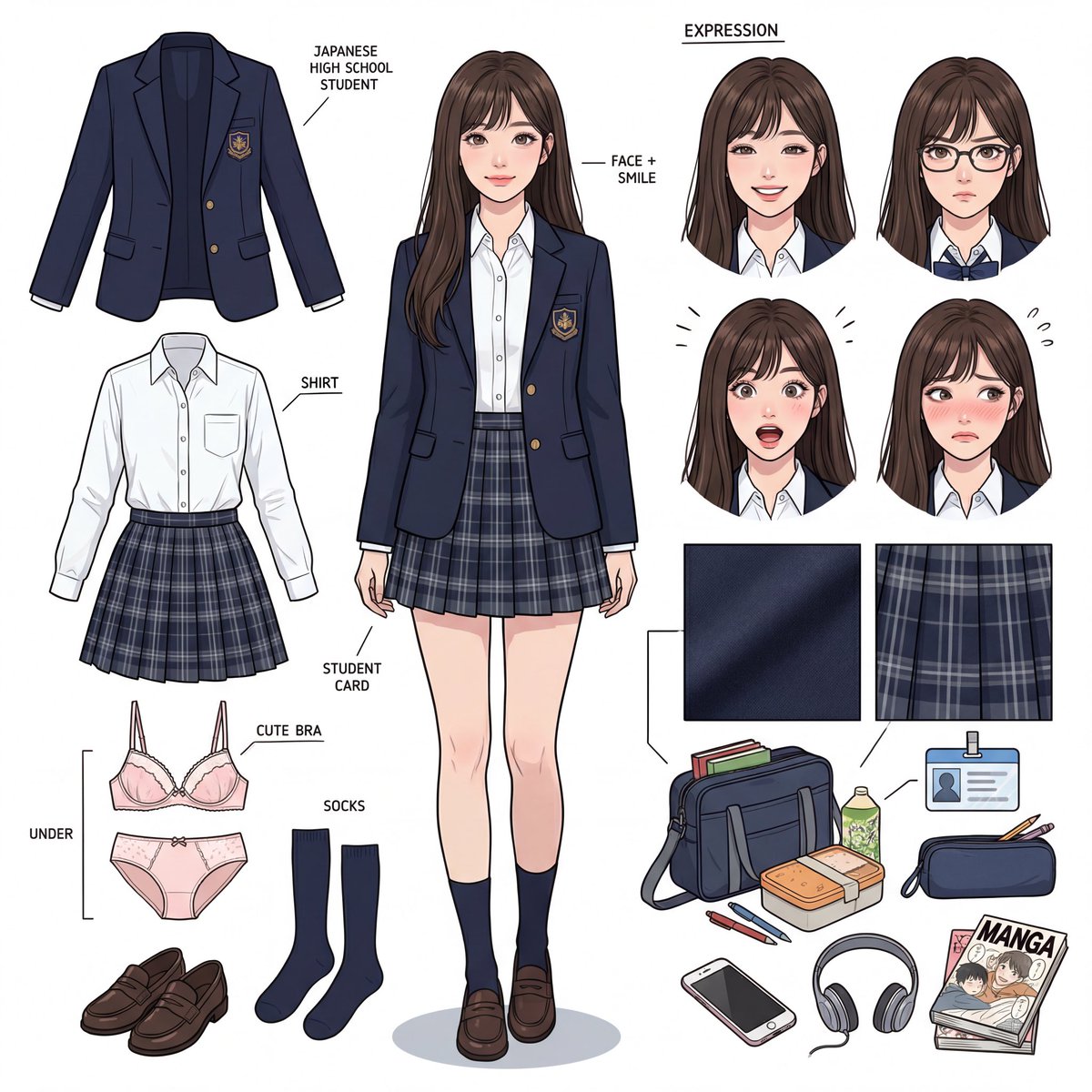 Panoramic Character Concept Sheet for 17-Year-Old Japanese JK