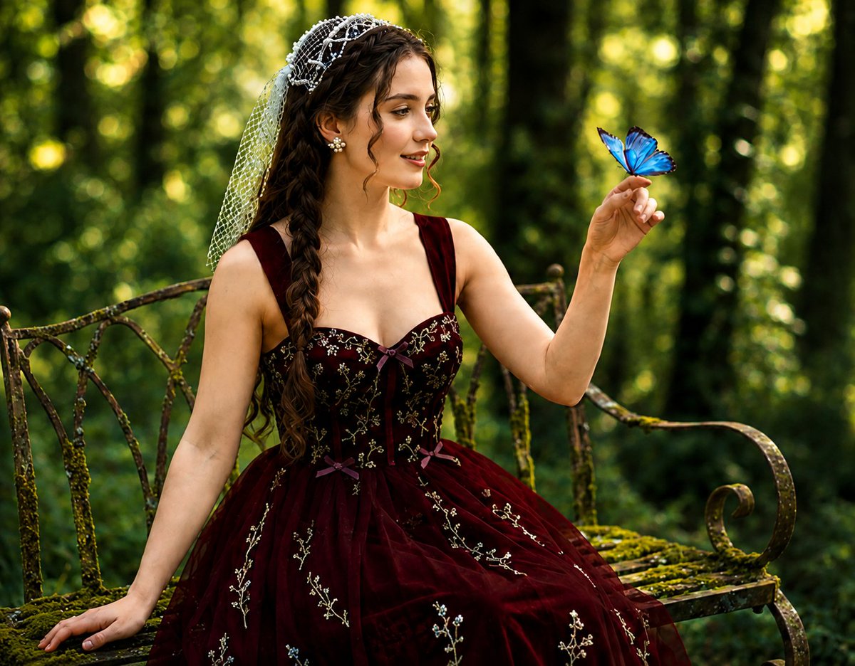 Ethereal Garden Portrait with Blue Butterfly