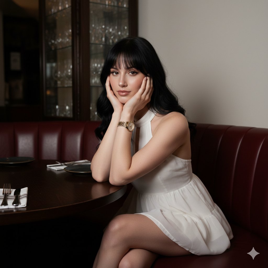 High-Contrast Flash Portrait in Dimly Lit Restaurant Prompt