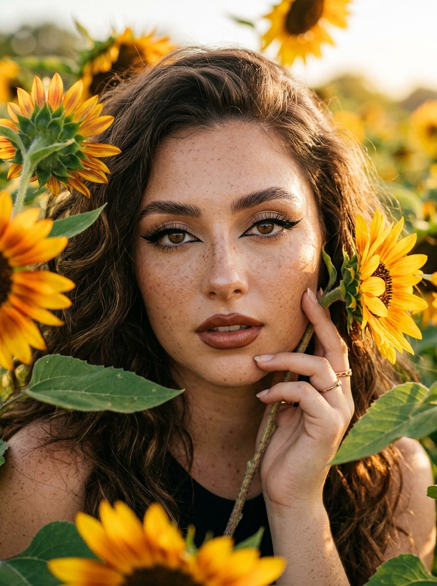 Sunflowers and Cinematic Eye-Lip Portrait