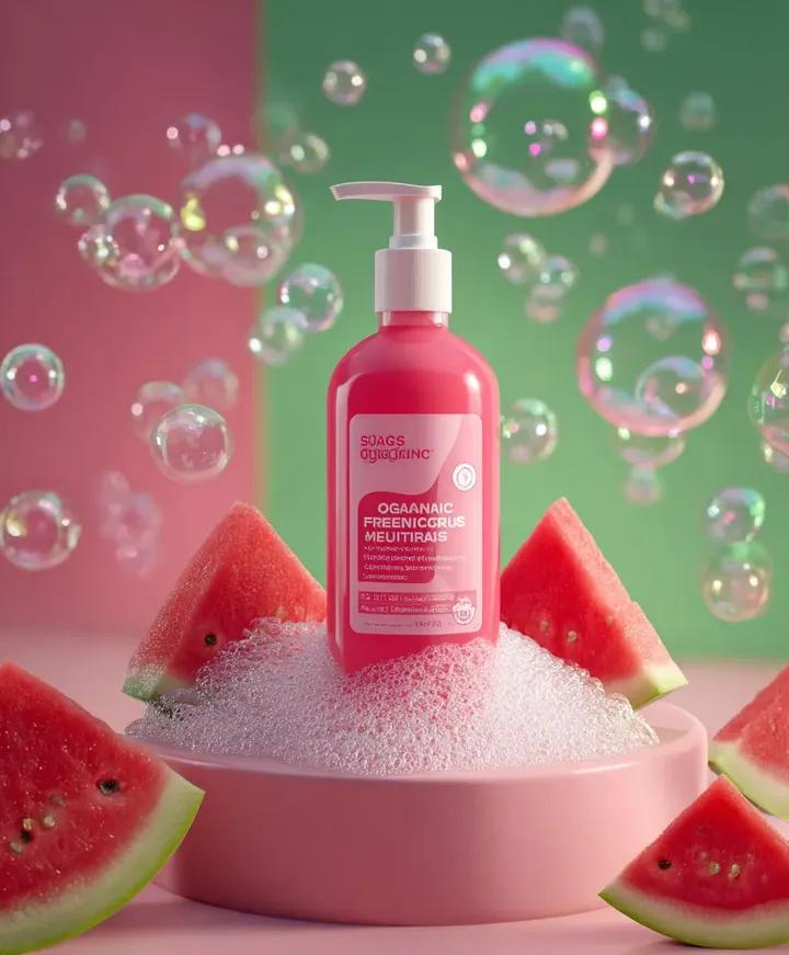 Skincare product advertisement with watermelon and bubbles